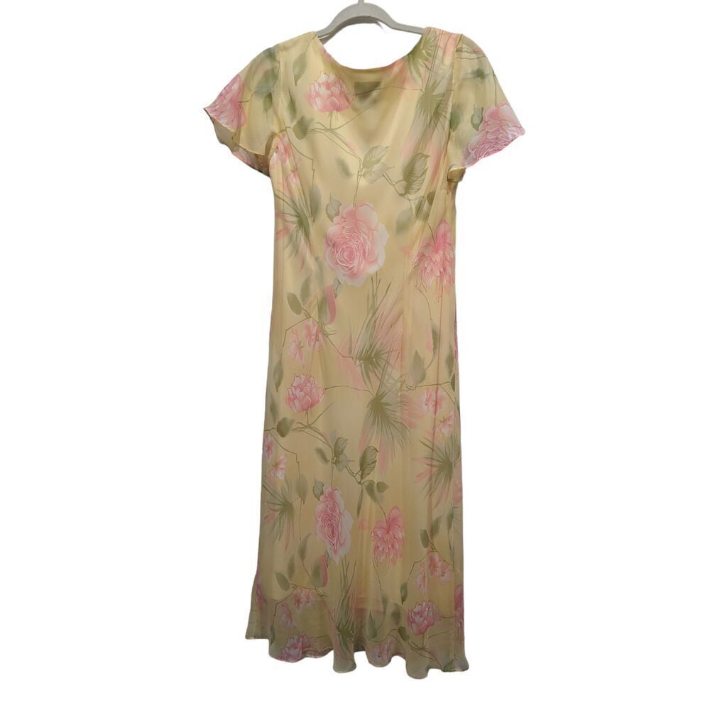 Vintage Menu Yellow Floral Sheer Rosette Flutter Sleeve Maxi Shift Dress, 12 - Picture 4 of 7